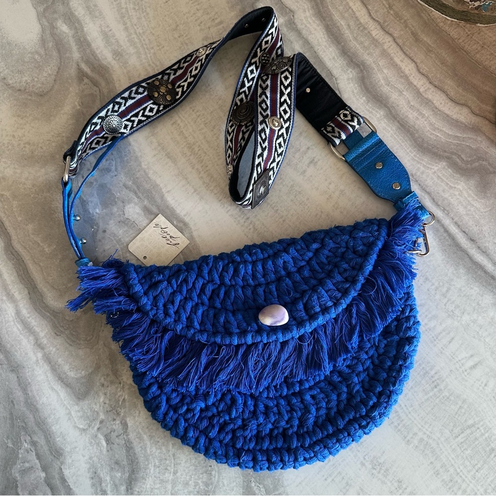 Free People Macrame Moon Crossbody Bag in Indigo Blue